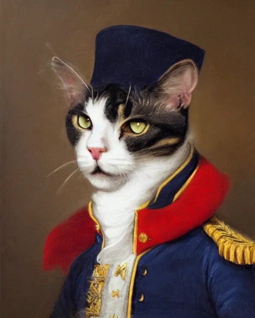 Prompt: dark brown cat with dark eyes and serious expression wearing 1 8 th century royal guard uniform in navy blue and red, joseph ducreux, greg rutkowski, regal, stately, royal portrait, painting