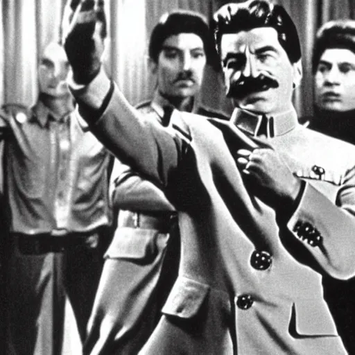Image similar to A movie still of Stalin wearing a disco suit in Satuday Night Fever