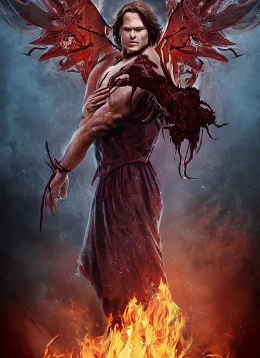 Image similar to Sam Winchester as a half-muscular half-blood angel with a big cross pendant and religious tattoos on chest and neck, stained and bleeding, magic overlays, magic flames, open portal with runes in the background, romance book cover style, D&D illustration style, (octane render) fantasy style, sharp focus, ultra detailed, art by Artgerm and Peter Andrew Jones, Ayami Kojima, Amano and Olivier Ledroit