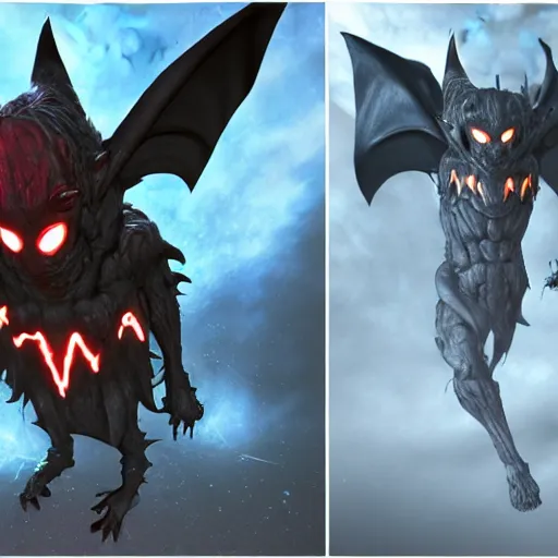 Image similar to front and back character view of scary giant mutant dark blue humanoid bat, glowing red eyes flying above a stormy ocean, sharp teeth, acid leaking from mouth, realistic, giant, bat ears, bat nose, bat claws, bat wings, furred, covered in soft fur, detailed, trending on artstation clean concept art and sheet that using unreal engine 5 render and hyper detailed 3D texture with cinematic software light 85mm f/1.4