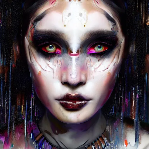 Image similar to A masterpiece portrait of a Incredibly beautiful half slightly damaged crying black swan makeup girl . tribal fashion. 2077 fashion. Cyberpunk. First sparkles. Vogue. trending on artstation, digital art, by Stanley Artgerm Lau, WLOP, Rossdraws, James Jean, Andrei Riabovitchev, Marc Simonetti, Yoshitaka Amano