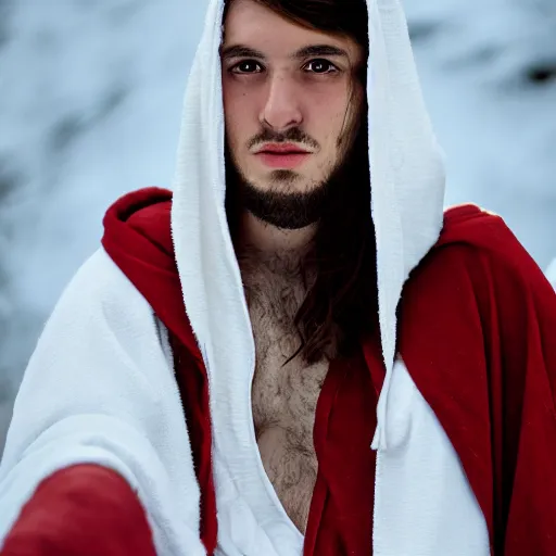 Image similar to professional close - up portrait photograph of a bohemian jewish prophet in his 2 0 s wearing a white hooded wizards robe. cinematic, epic framing, deep emotion. game if thrones character.