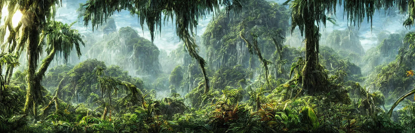 Image similar to painting of a jungle frozen over!! scene on an alien planet by vincent bons. ultra sharp high quality digital render. detailed. beautiful landscape. weird vegetation. water.