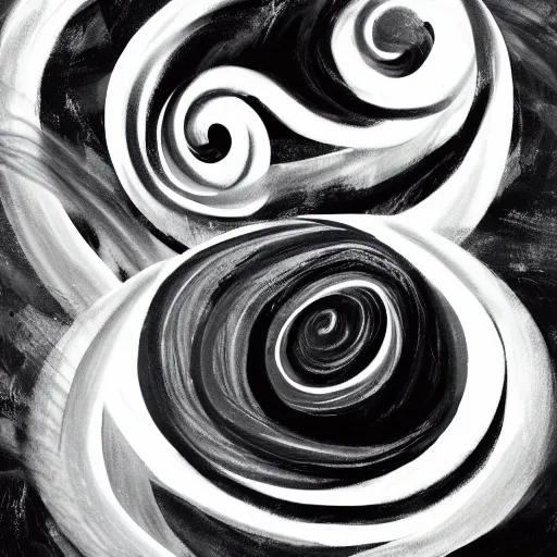 Image similar to mysterious time traveling man, painted in black and white, swirls