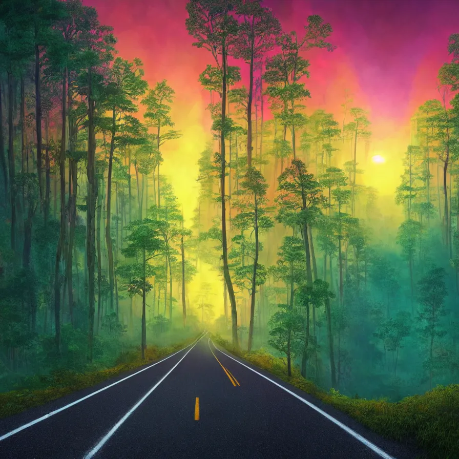 Image similar to surreal semiabstract artwork of a highway road leading to the horizon through a thick forest down a rocky mountain coast towards the sunset. atmospheric good vibes. colorful psychedelic, ultra realistic, concept art, modern art, photorealistic, octane render, 8 k, unreal engine. art by nori inoguchi and sam kaplan and zachary goulko and christopher marley