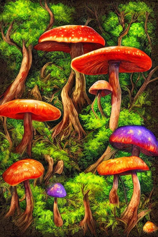 Prompt: digital painting detailed forest tree magical forest flowers mushrooms painted by Mario Cooper