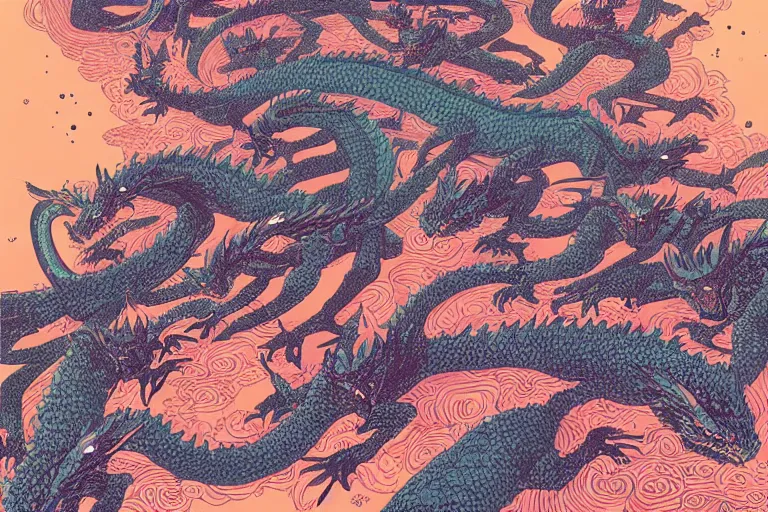 Prompt: a swarm of dragons, risograph, retro fantasy style, victo ngai, moebius, studio ghibli