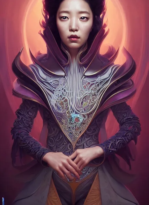 Image similar to Park Shin Hye as a super villain, luxurious, fantasy, intricate, elegant, highly detailed, digital painting, artstation, concept art, matte, sharp focus, illustration, art by WLOP and Peter Mohrbacher and James Jean, masterpiece, Refined, upscaled