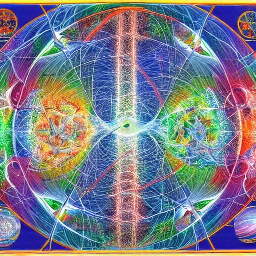 Image similar to map of the multiverse, painting by Alex Grey and Hajime Sorayama