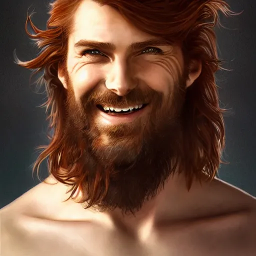 Image similar to portrait of a young ruggedly handsome but joyful pirate, male, masculine, upper body, red hair, long hair, d & d, fantasy, joyful smirk, wink, intricate, elegant, highly detailed, digital painting, artstation, concept art, matte, sharp focus, illustration, art by artgerm and greg rutkowski and alphonse mucha