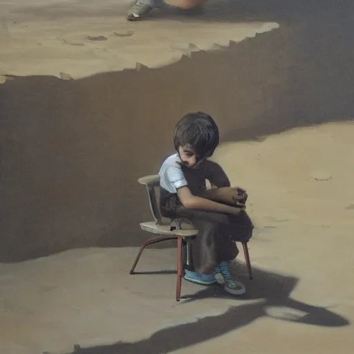 Image similar to a kid hidding under a chair from a lion in a post apolyptical desert, dramatic painting