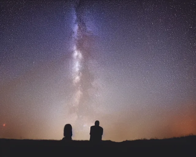 Image similar to a couple looking at the stars in the sky, a stock photo by ryusei kishida,, shutterstock contest winner, space art, nightscape, sense of awe, redshift