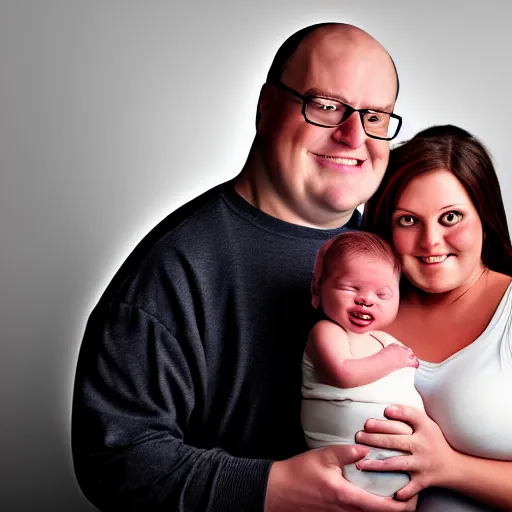 Prompt: Peter Griffin and his wife and their newborn nefarious baby, family photo, studio lighting, digital painting