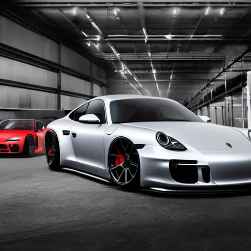 Image similar to a vision gran turismo style concept widebody porsche :: studio lighting, inside a warehouse :: porsche unseen design style