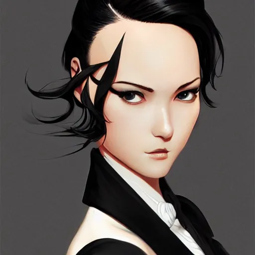 Image similar to girl in tuxedo with black chaotic wavy short haircut, elegant, 2d, ultra highly detailed, digital painting, smooth, sharp focus, artstation, art by Ilya Kuvshinov and Range Murata