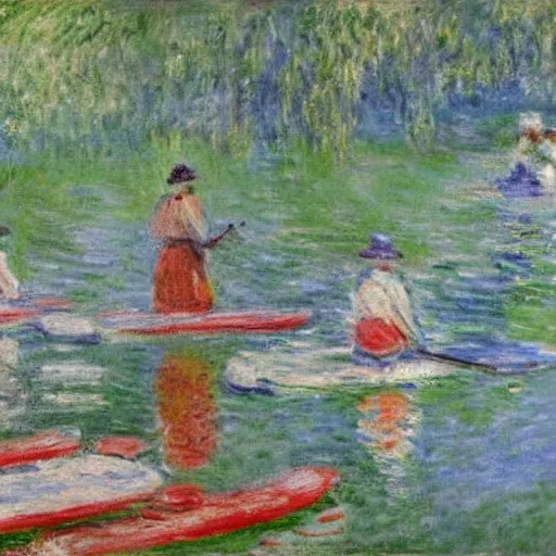 Image similar to an art gallery displaying monet paintings. the art gallery is flooded. robots are going around the art gallery using paddle boards.