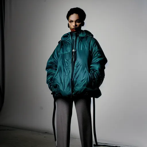 Image similar to realistic photoshooting for a new balenciaga!!! lookbook, color film photography, photo of a woman, model wears a inflated jacket, photo in style of tyler mitchell, 3 5 mm