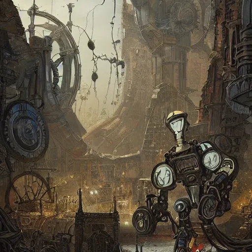 Image similar to The Manekin, a robotic race of clockwork constructs, D&D artwork, highly detailed, background of a ruined city in the style of medieval, HD, 4k,