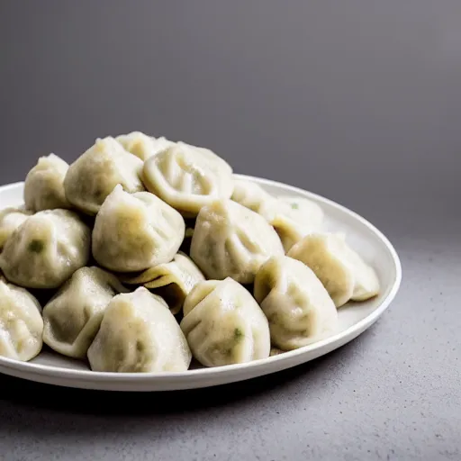 Prompt: pile heap of dozens of hot dumplings with more dill dill! on a plate, studio light, grey warehouse background, cinematic, bokeh, hyperrealistic photo, 8k, feel of depth