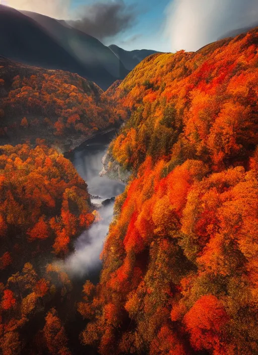 Image similar to an award winning photo of a cool autumn day in bergen norway, colorful leaves red orange yellow on trees, leaves falling to the ground, beautiful mountains, breathtaking blue sky, wispy cloud. travel photography by charlie waite, max rive, caroline foster.