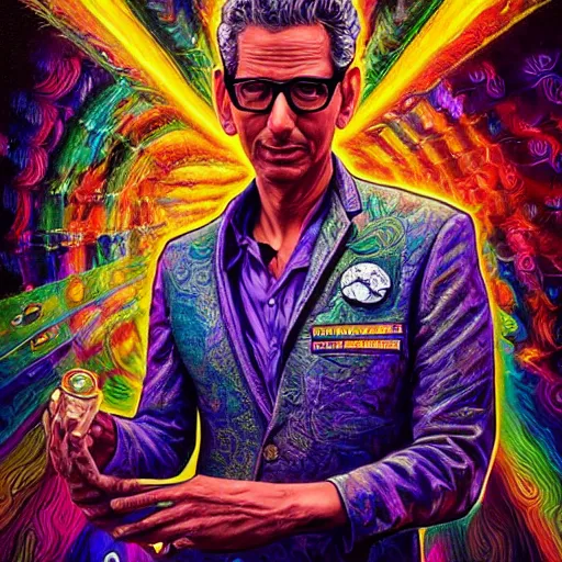 Image similar to Jeff Goldblum an extremely psychedelic experience, colorful, surreal, dramatic lighting, cosmonaut, LSD, face, detailed, intricate, elegant, highly detailed, digital painting, artstation, concept art, smooth, sharp focus, illustration, art by Sam Spratt, Dan Mumford, Artem Demura and Alphonse Mucha