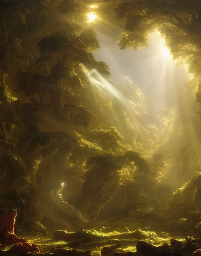 Prompt: an ancient greek statue lost in a gigantic forest by thomas cole, painting, cinematography, epic lighting, volumetric, fog, god rays