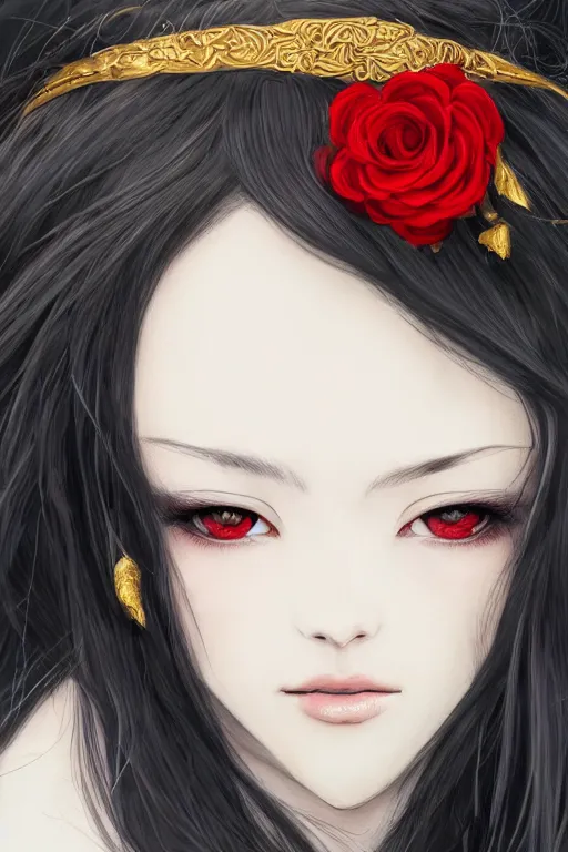 Image similar to high quality digital portrait of woman with long black hair, red eyes, red headband, golden roses in hair, anime, face, fantasy, intricate, elegant, highly detailed, digital painting, concept art, smooth, sharp focus, illustration, art by hiromu arakawa, krenz cushart, sui ishida, trending on artstation