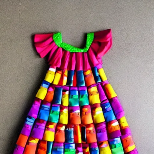 Image similar to a dress made entirely of children toys,