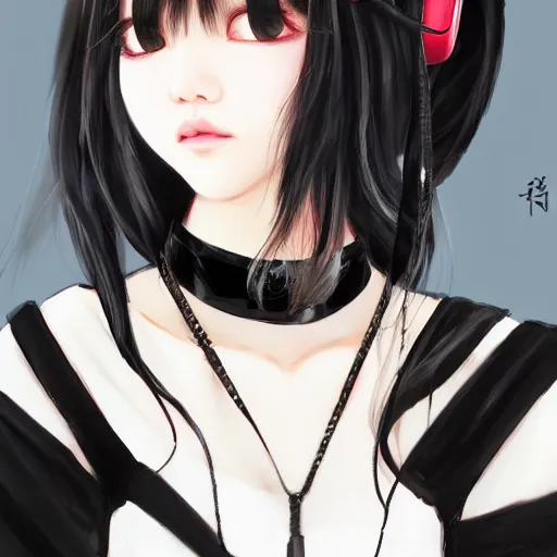 Prompt: realistic beautiful gorgeous natural cute Blackpink Lalisa Manoban black hair cute fur black cat ears, wearing white camisole, headphones, black leather choker artwork drawn full HD 4K highest quality in artstyle by professional artists WLOP, Taejune Kim, Guweiz on Artstation Pixiv