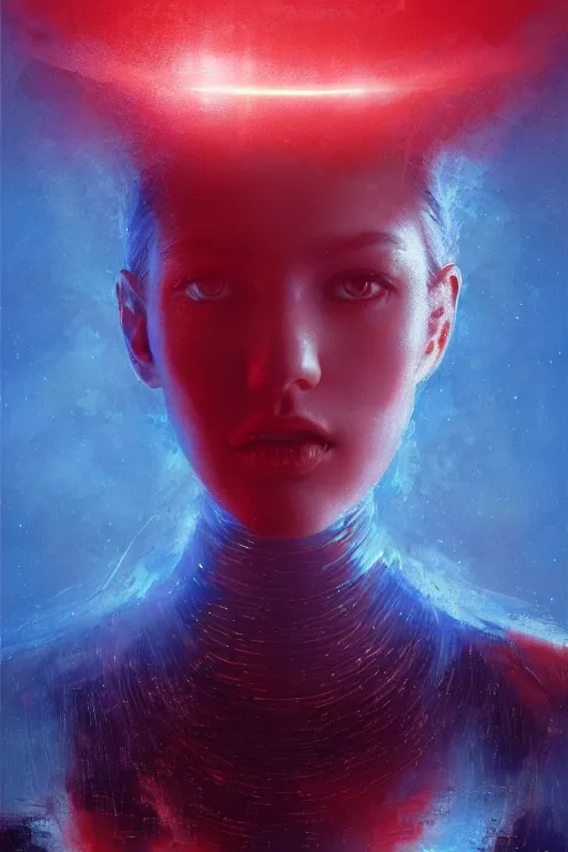 Image similar to 3 d, sci - fi, morning, sleepy fashion model face, sun, cinematic, lightning clouds, vogue cover style, poster art, light red and deep blue mood, realistic painting, intricate oil painting, high detail, figurative art, multiple exposure, poster art, 3 d, by tooth wu and wlop and beeple and greg rutkowski