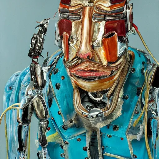 Image similar to high quality high detail painting by lucian freud and jenny saville, hd, samurai robot, turquoise