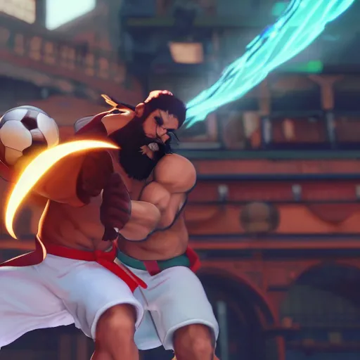 Image similar to a bearded man with short hair, brown eyes, using soccer balls as weapons in street fighter 5, game,