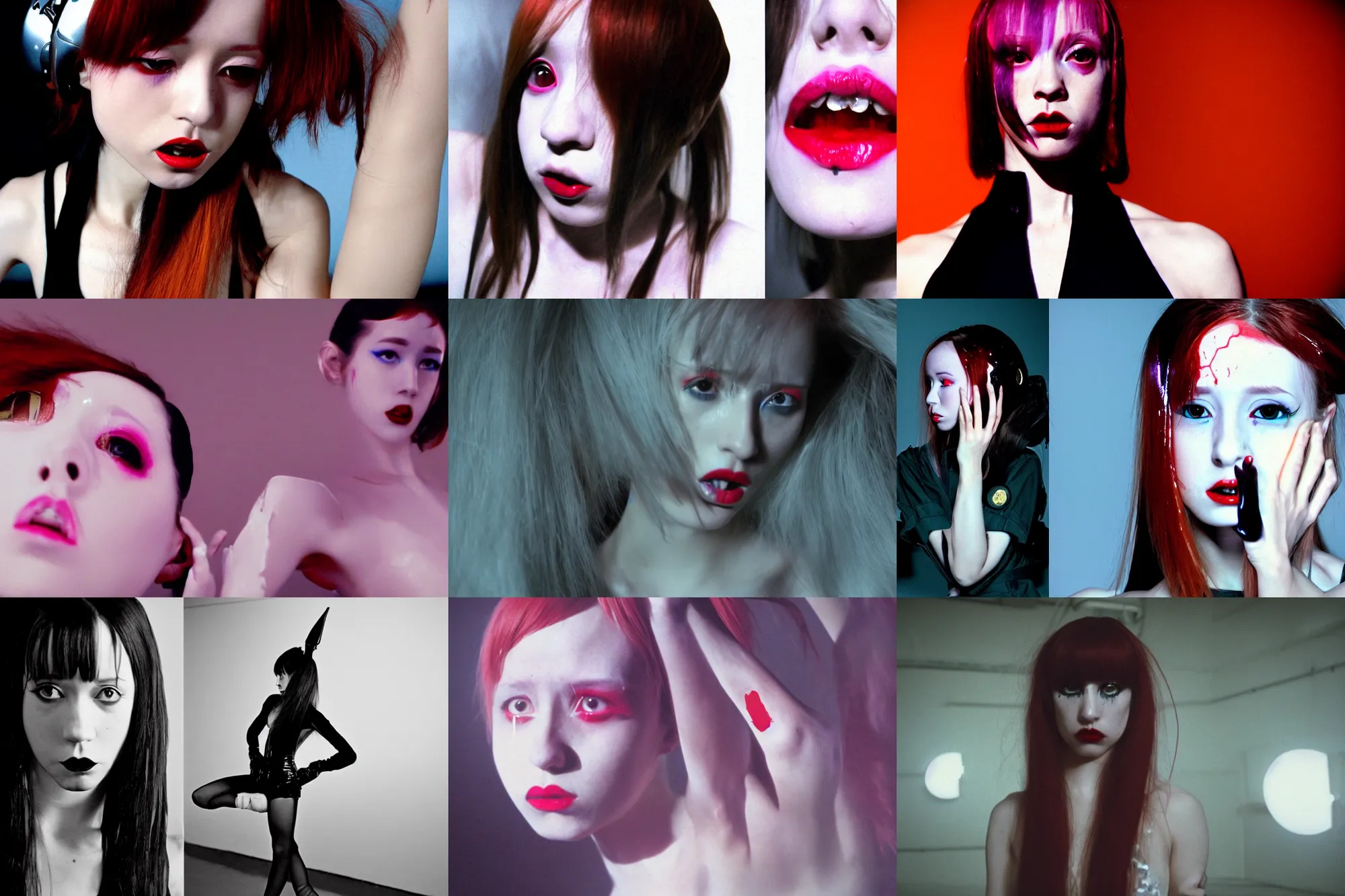 Prompt: Demonic Okiku Holly Herndon style occult tenshen monogatari Fashion photography portrait tokyo top gun(1980) movie still from doom dance scene of model, pointé pose;pursed lips, athletic, terrified 👿 , gaze down,harajuku hair, wearing refracting mercury diffusion melting plastic Balenciaga designed specular highlights anti-g pilot suit, half covered in heavy glowing coal, embers to waist, , ,eye contact, ultra realistic, Panavision Panaflex X , Technicolor, 8K, 35mm lens, three point perspective, tilt shift dark mirror fractal orbs background, extreme closeup portrait, chiaroscuro, highly detailed, devine composition golden ration, by moma, by Nabbteeri by Sergey Piskunov