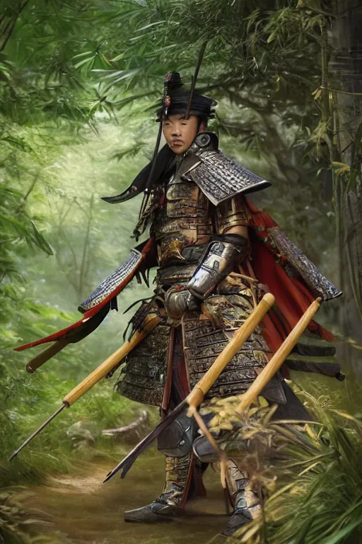 Prompt: close up of samurai general in full armor, in a bamboo forest, by vladimir volegov and alexander averin and delphin enjolras and daniel f. gerhartz, ultra realistic, concept art, intricate details, highly detailed, photorealistic, octane render, 8 k, unreal engine