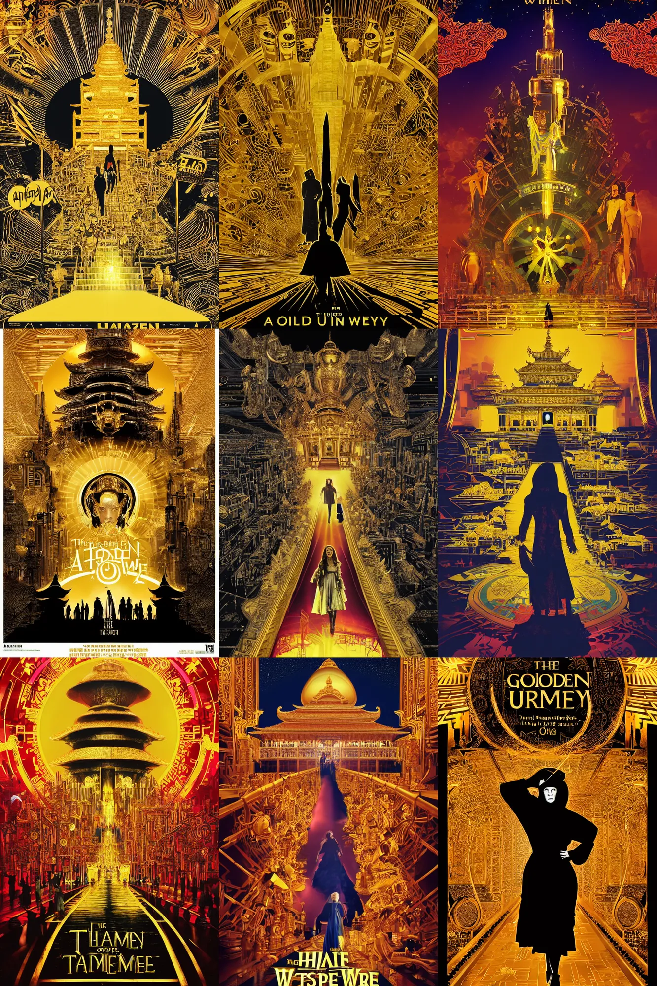 Prompt: the golden way of the ai temple, movie poster, wizard of oz, solarpunk, golden temple by haza hadid, cyberpunk, female cyborg black silhouette, hyperdetailed, artstation, cgsociety, 8 k, movie poster designed by richard amsel, by john alvin, by bill gold, composition by shepard fairey and saul bass