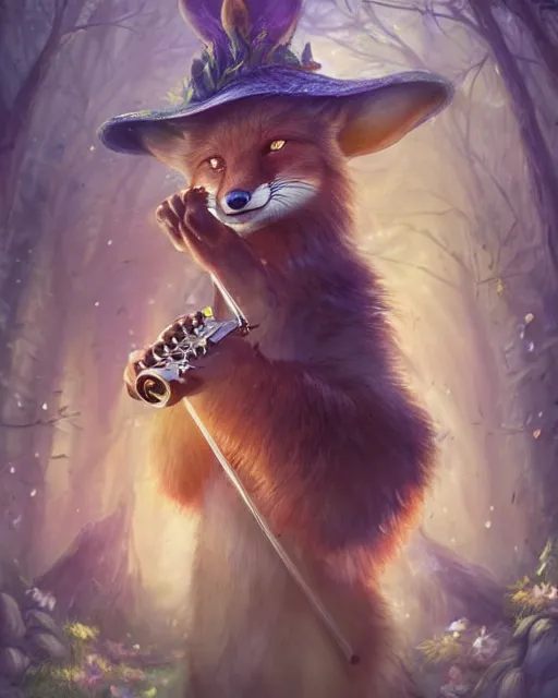 Image similar to Fox playing violin in magical forest, portrait, wearing hat, magical notes, fairy atmosphere, magic the gathering artwork, D&D, fantasy, cinematic lighting, centered, symmetrical, highly detailed, digital painting, artstation, concept art, smooth, sharp focus, illustration, volumetric lighting, epic Composition, 8k, art by Akihiko Yoshida and Greg Rutkowski and Craig Mullins, oil painting, cgsociety