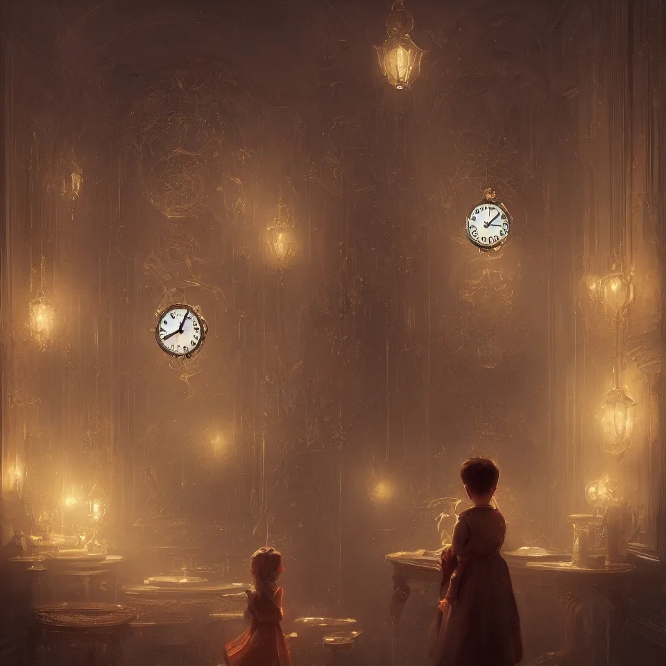 Image similar to a child surrounded by mirror and evil clock, intricate, elegant, glowing lights, highly detailed, digital painting, artstation, concept art, smooth, sharp focus, illustration, greg rutkowski, 8 k, very high resolution, processing, extremely hyperdetailed