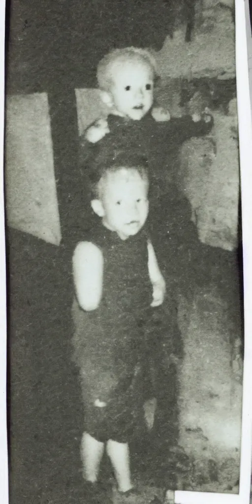 Image similar to found polaroid photo of a young boy with a horrifying figure looming behind him in a musty basement, detailed real photo