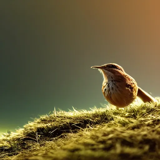 Image similar to closeup of a wren bird in avila, river edge, green fields, summer season, 4 k, midday light, concept art, by wlop, ilya kuvshinov, artgerm, krenz cushart, greg rutkowski, pixiv. cinematic dramatic atmosphere, sharp focus, volumetric lighting, cinematic lighting, studio quality