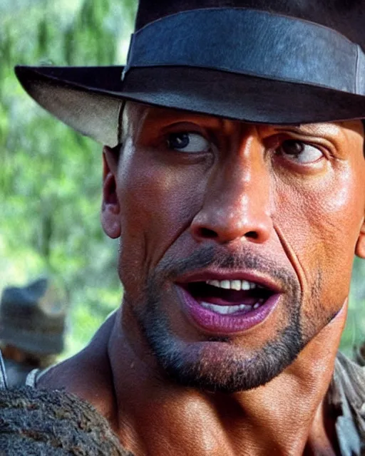 Image similar to Film still close-up shot of Dwayne Johnson as Indiana Jones in the movie Raiders of the Lost Ark. Photographic, photography