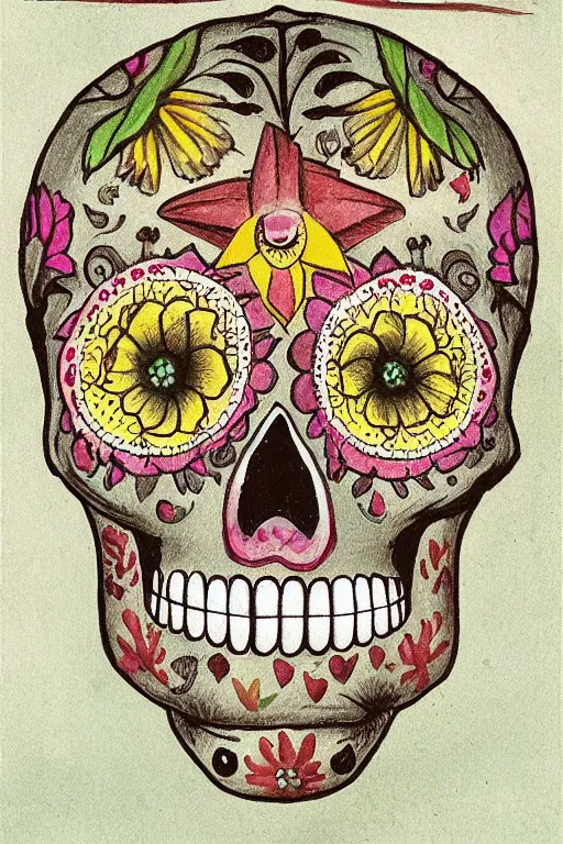 Prompt: illustration of a sugar skull day of the dead girl, art by hieronymus bosch