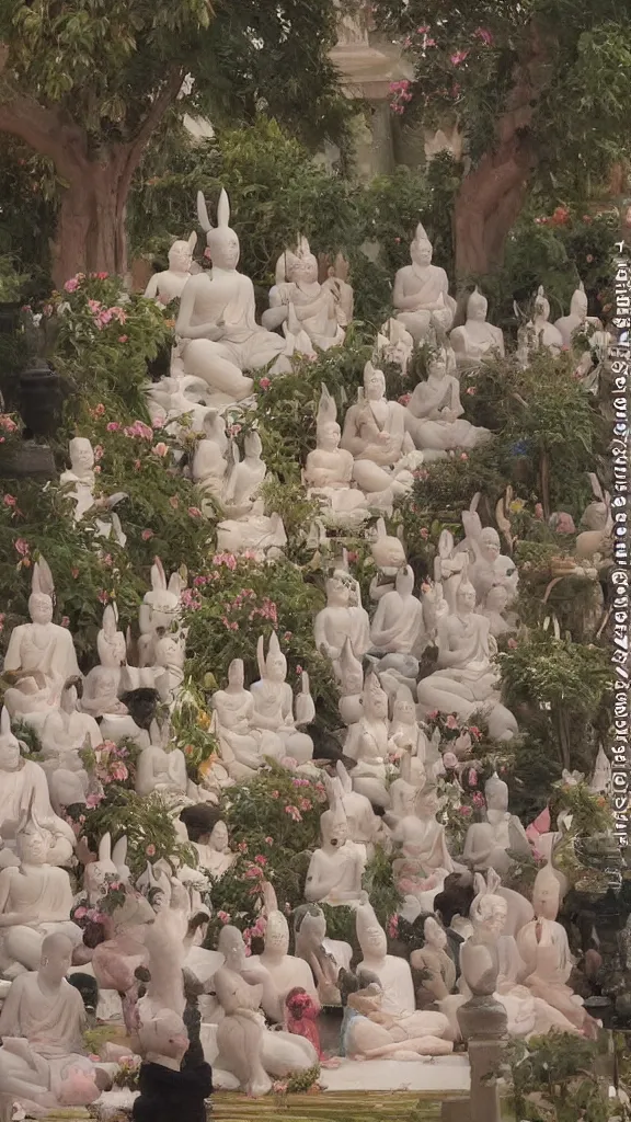 Image similar to a huge buddhism rabbit statuea between crowd of people prayers in botanical room by john singer sargent