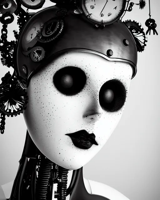 Prompt: black and white dreamy foggy poetic smoky profile face portrait, one silver steampunk realistic eye biomechanical beautiful angelic young female cyclope - cyborg - robot bust, body ribs meshes,, volumetric light, hibiscus flowers, by dora maar, rim light, big gothic fashion pearl embroidered collar, 8 k