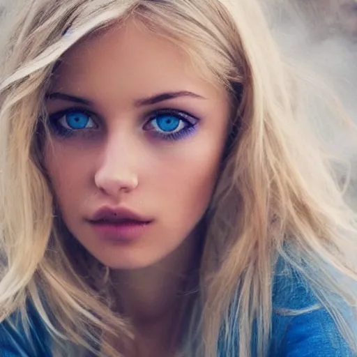 Prompt: most beautiful blond girl in the world with blue eyes