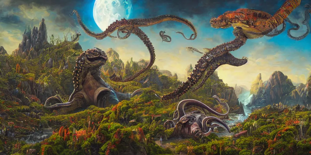 Image similar to fantasy oil painting, great leviathan, cybernetic turtle cephalopod terrapin reptilian pachyderm squid, bella hadid, hybrid, milla jovovich, anubis, epic natural light, lush plants flowers, spectacular mountains, bright clouds, luminous sky, outer worlds, golden hour, michael cheval, edward hopper, michael whelan, vray, hd