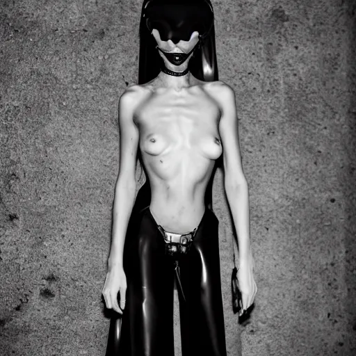 Prompt: fashion photography of an extraterrestrial model, wearing a gaz mask, wearing demobaza fashion, inside berghain, berlin fashion, harness, futuristic fashion, dark minimal outfit, photo 3 5 mm leica, hyperdetail, berghain, 8 k, very detailed, photo by nick knight