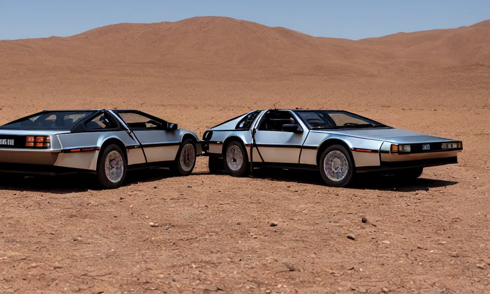 Prompt: photo of a delorean standing in the desert