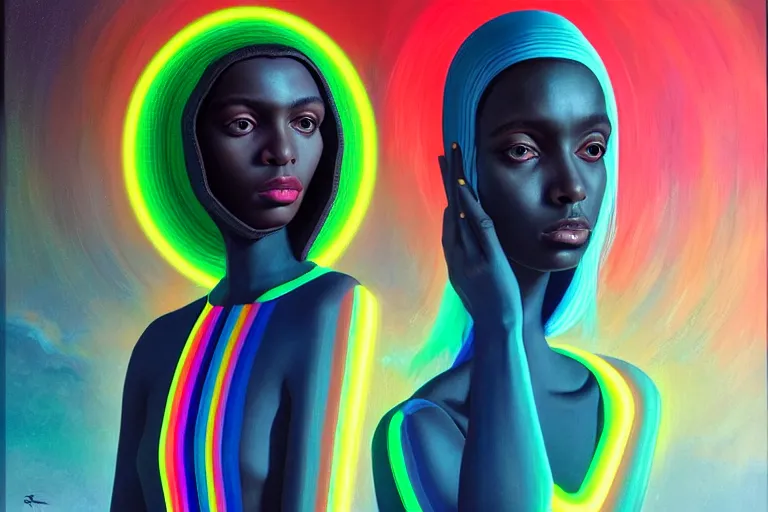 Image similar to patron saint of 🛸🌈👩🏾, futuristic jumpsuit, neon god of city character portrait, in the style of margaret keane, moebius, tom bagshaw, and waterhouse, cinematic lighting, beautiful, elegant, oil painting,