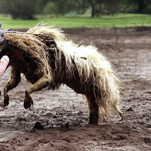 Image similar to horror, hd photography, a monstrous mutant goat creature is galloping across a muddy medieval village square in daylight, filthy matted fur, human eyes, disturbing, mutated, crocodile - like teeth