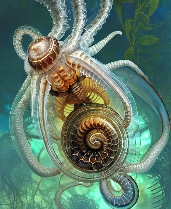 Image similar to intricate ornate opulent transparent clear see - through portrait of a playful beautiful isopod nautilus snake, fractal, adorable, childlike, overgrown biopunk jungle environment, ultra realistic, concept art, art nouveau, photorealistic, octane render, 8 k, unreal engine. art by christopher marley and artgerm and greg rutkowski and alphonse mucha